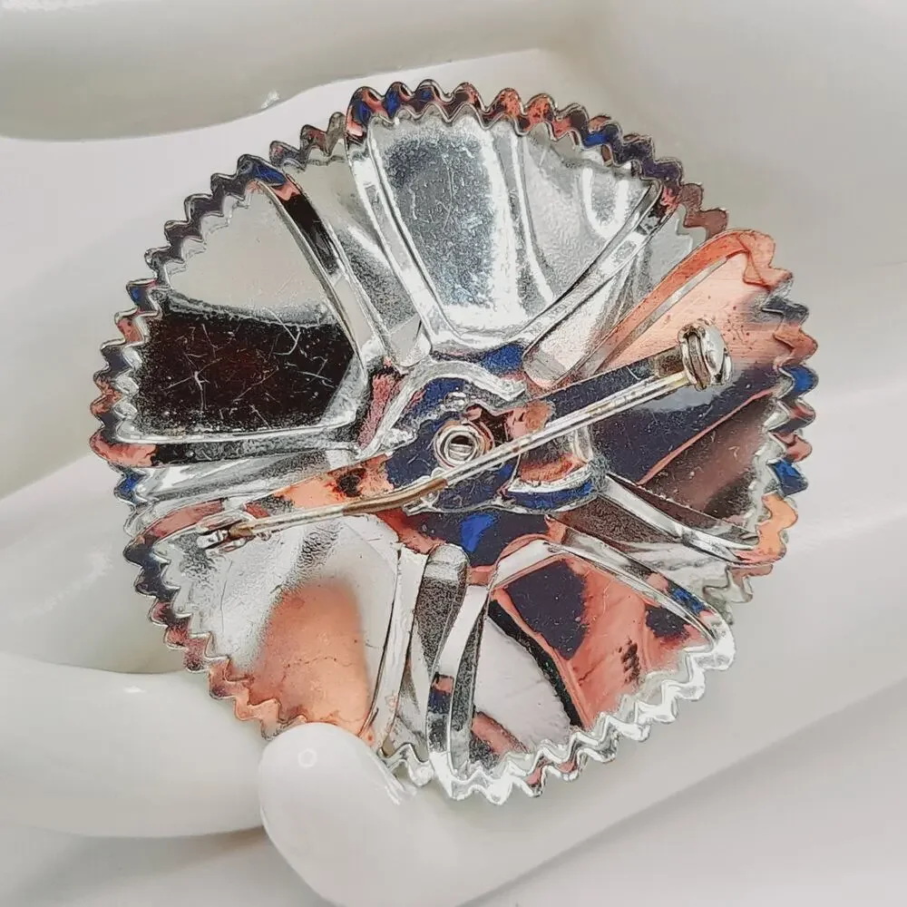 Vintage Silver Tone Flower Brooch with AB Rhinestone Center Reflective Floral